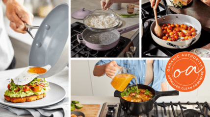 Image of several different sets of ceramic nonstick cookware from different brands (Our Place, Xtrema, GreenPan, and more) with the OA Clean Cookware seal of approval.
