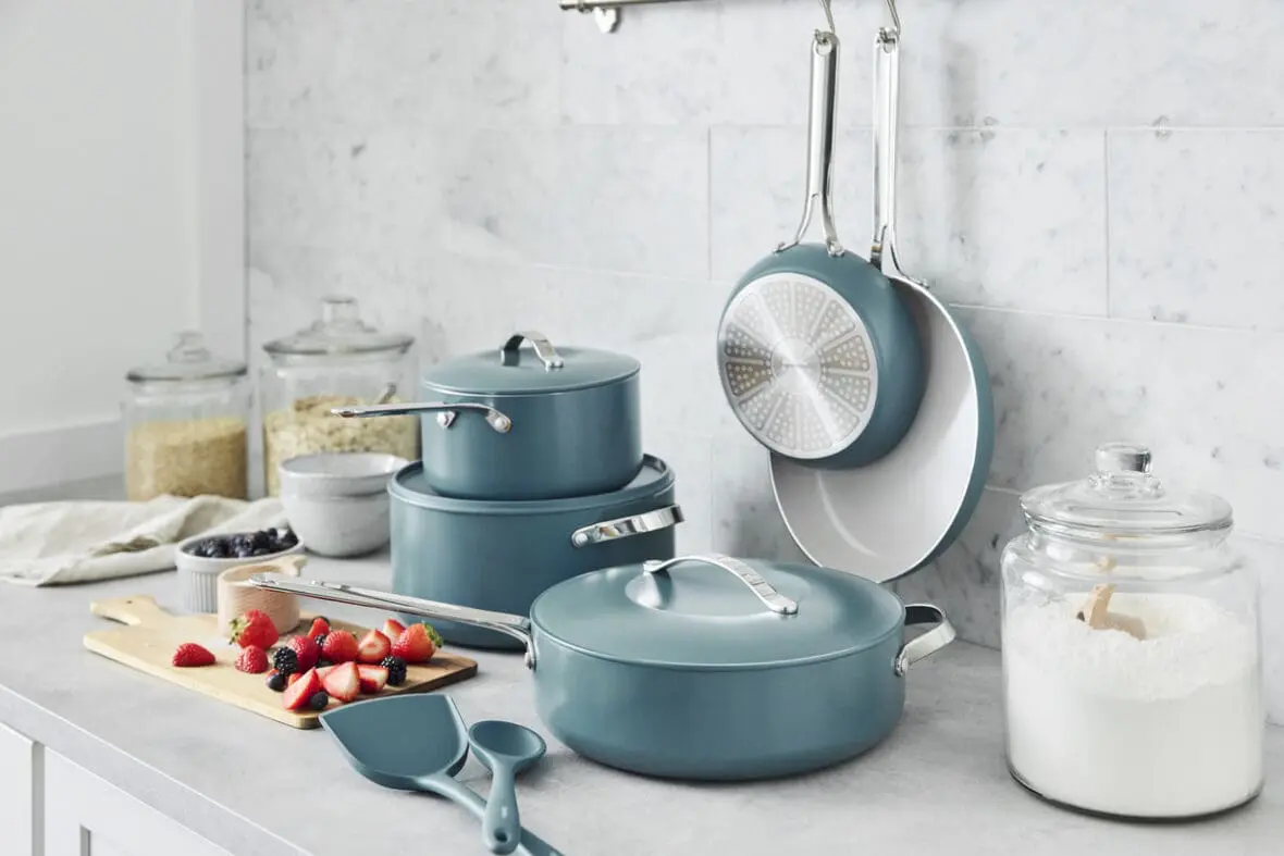 Image of the GreenPan Nova 12-piece ceramic nonstick cookware set in tapestry blue.