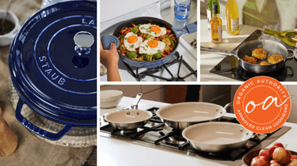 Image of collage 5 different pots and pans. All of the cookware featured is part of the best non-toxic cookware you can find on the market today. brands include caraway cookware, GreenPan, Alva Cookware, Xtrema Demeyere, Our Place, and Made In