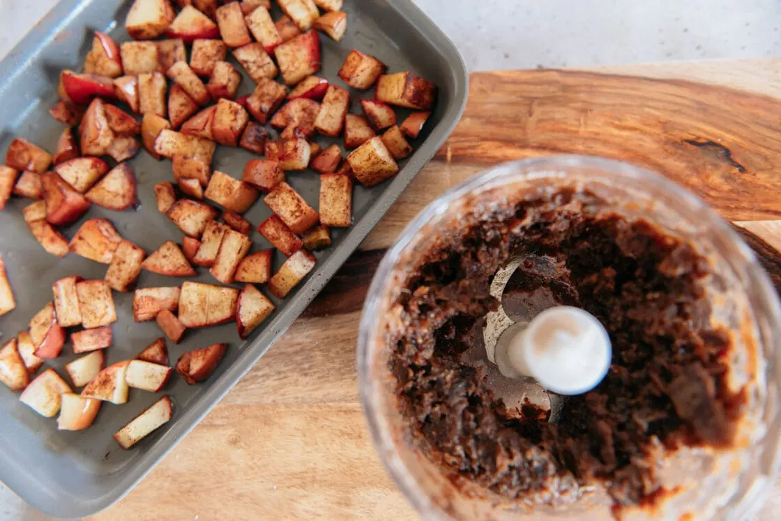 image of baked apples and apple bars ingredients processed in a food processor