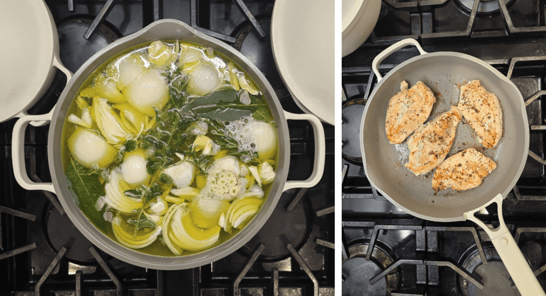 Side-by-side images of the Always Pan 2.0 and the Perfect Pot 2.0 from Our Place, one cooking veggie broth and the other frying up chicken breasts.
