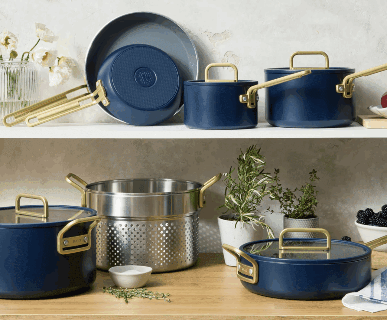 Image of the GreenPan Stanley Tucci Ceramic Nonstick 10-piece set displayed in a gorgeous kitchen.