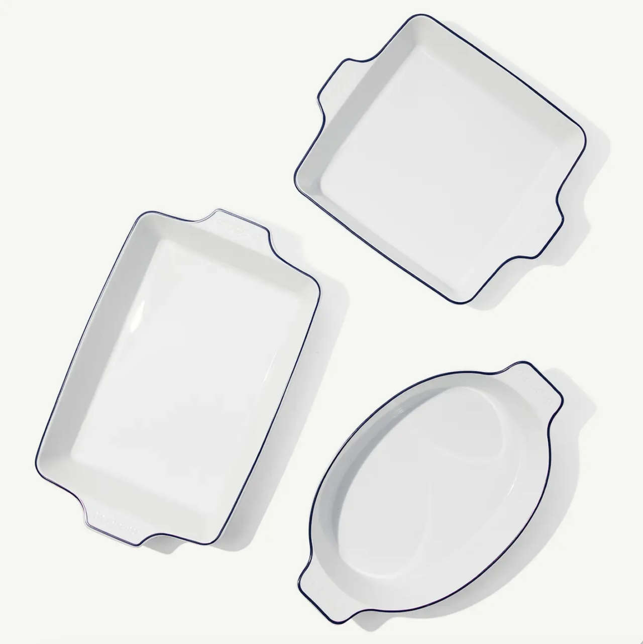 Image of the Made In French Porcelain 3-piece baking dish set, with the navy rim detail.