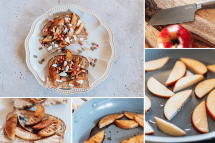 image of a collage of images showing the apple toast recipe in all of its stages of cooking.