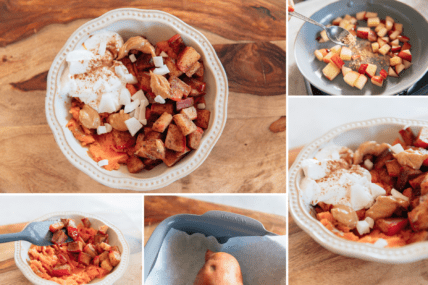 Collage image of a sweet potato bowl in various states of being prepared. This sweet potato breakfast bowl is easy to put together.