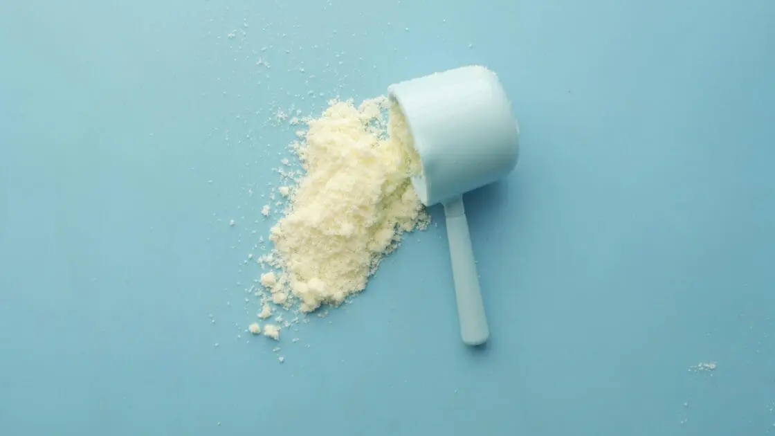 Image of a small blue scooper filled with white protein powder, spilling onto a blue background.