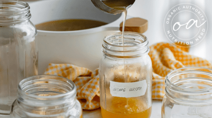 Image of glass mason jars labeled with the words "Bone Broth," and a ladle pouring bone broth from a pot into them.