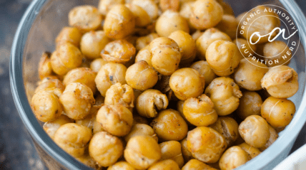 Close-up image of a glass bowl of cooked chickpeas with an Organic Authority Nutrition Nerd stamp overlaid on top.