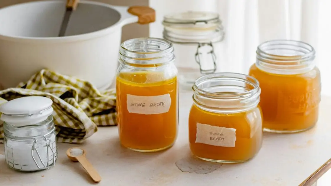 Image of three glass mason jars filled with bone broth and labeled, alongside a spoon of salt, a cloth, and a larger bowl.