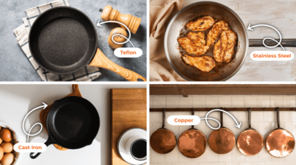 Image of four different types of cookware with labels to show what toxic cookware vs nontoxic cookware with PFAS looks like