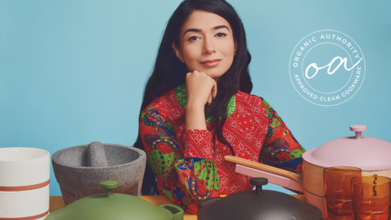 Image of Our Place founder Shiza Shahid, shown with her chin resting on her hand behind several colorful Our Place pieces. The Organic Authority stamp is overlaid.