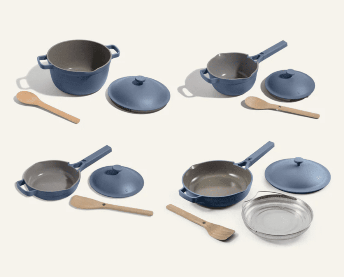 Image of the 13 pieces included in the Our Place Always Pan and Perfect Pot set in Blue Salt.