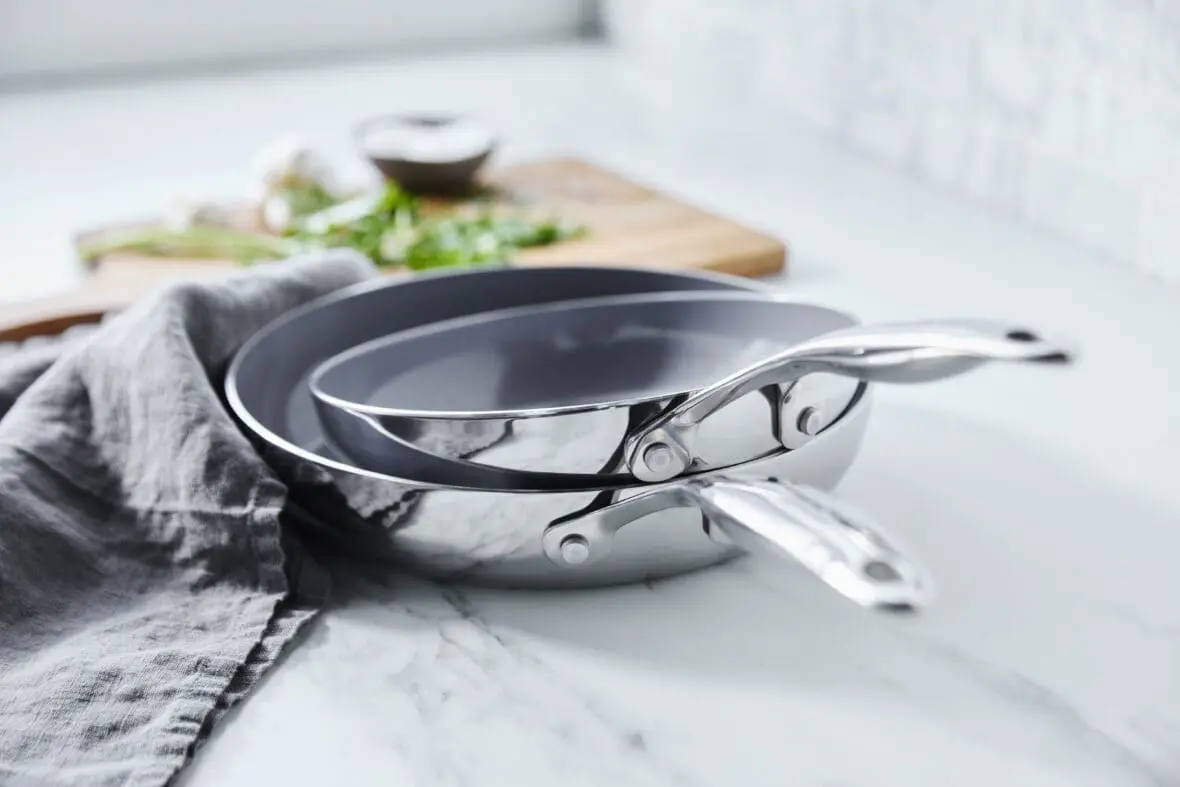 Image of the GreenPan Valencia Pro nonstick cookware set in stainless. They're a better alternative given the risks of microplastics