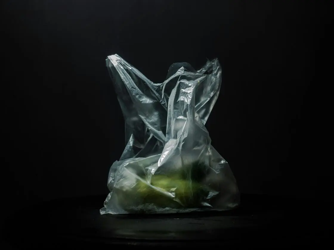 Image of a clear plastic bag filled with green apples against a black background.