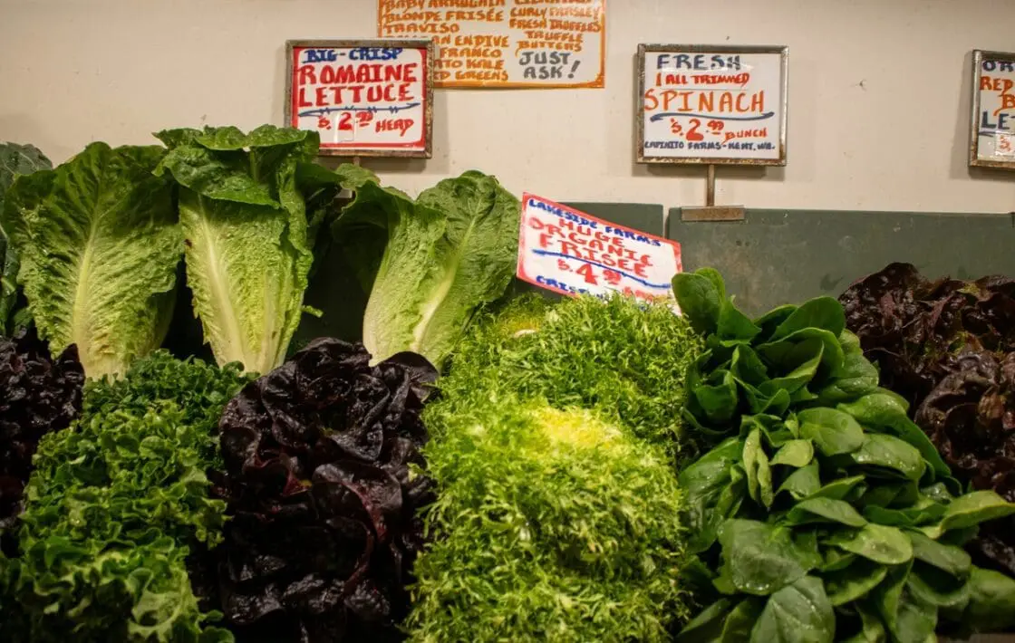 Image of greens like lettuce and spinach displayed in a supermarket.