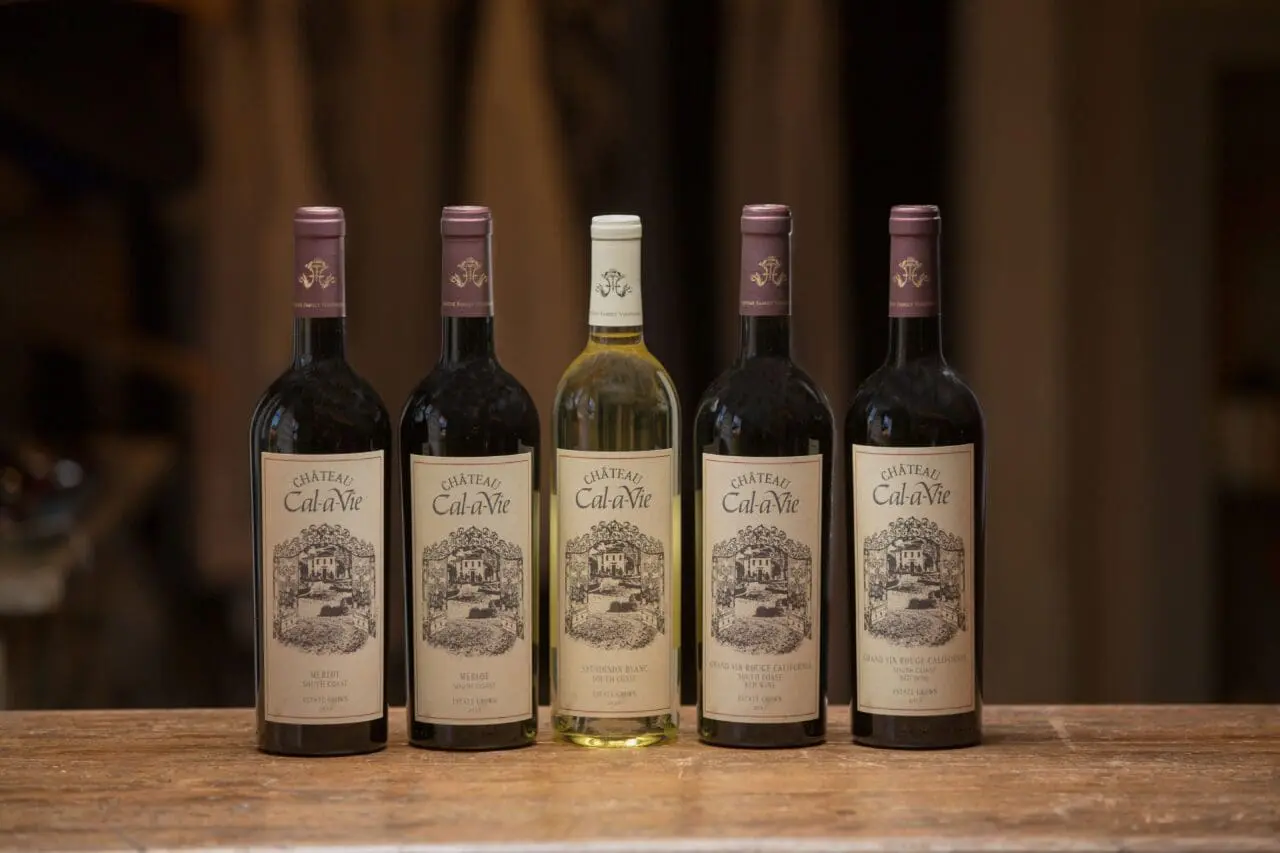 Image of several bottles of house-made Cal-a-Vie Health Spa wines from their own winery.