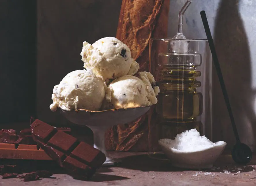 Image of a bowl of ice cream with a french vanilla ice cream base, studded with chocolate and other toppings.