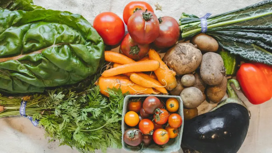 abundance of fresh fiber-rich vegetables including carrots, potatoes, and tomatoes.