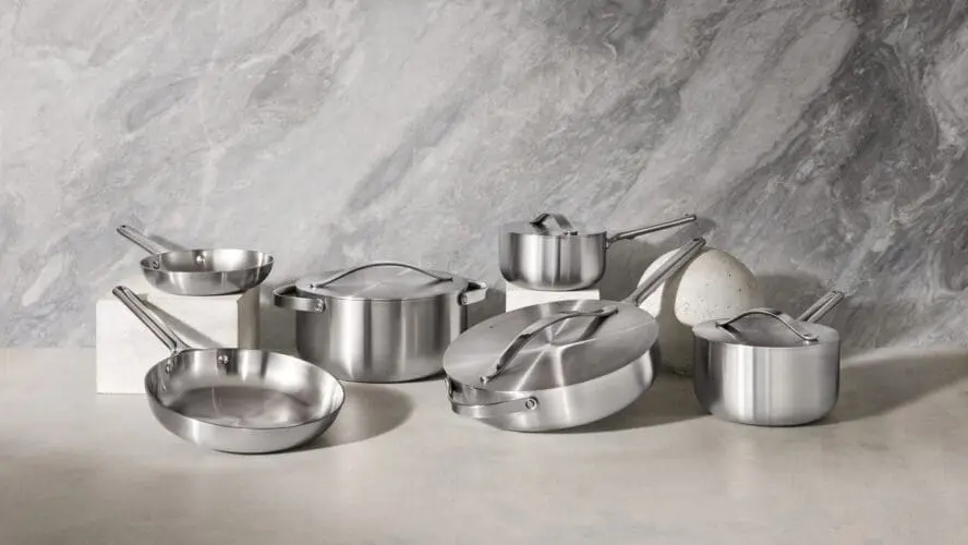 Image of a Caraway Stainless Steel set displayed against grey marble.