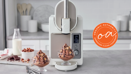 Image of the GreenPan Frost Pro in Cream, shown used to create a delicious chocolate chocolate hazelnut soft serve topped with chopped hazelnuts.
