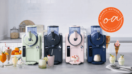 Image of four GreenPan Frost ice cream makers displayed in a row and surrounded by frozen treats.