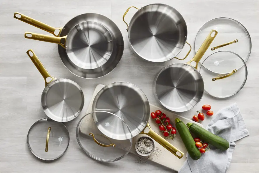 Image of the GreenPan Reserve Stainless Steel 10-piece set arranged and shot from above.