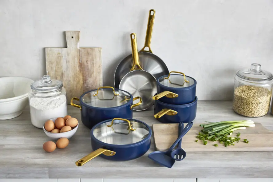 Image of a large set of the GreenPan Reserve Pro Stainless Steel set in Twilight.