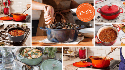 Collage of several photos of colorful Dutch ovens from brands like Staub, Misen, and Caraway, with the orange Organic Authority stamp on top.