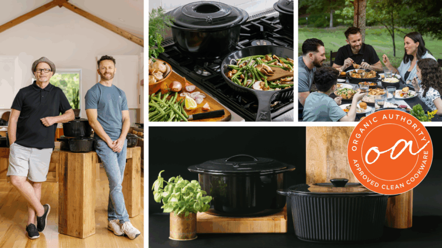 Collage of images of the Xtrema Founder's Classic Collection, including the Xtrema founders, a family using the cookware, and the product itself.