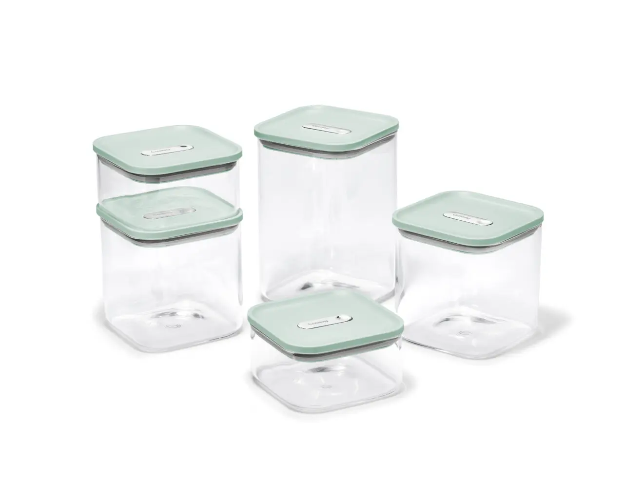 Image of stacked Caraway airtight glass containers and food storage containers.