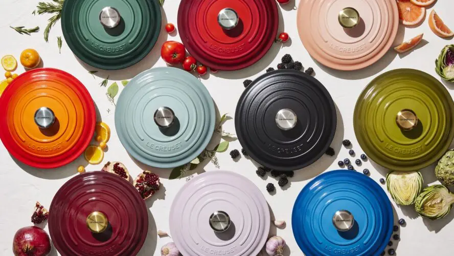 Image of Le Creuset Dutch ovens shot from above in a range of gorgeous, subtle colorways.
