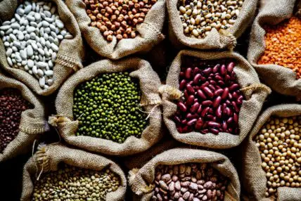 Image of several burlap sacks full of colorful varieties of beans.
