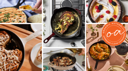 Image of a collage of images of the various cast iron skillets recommended by the Organic Authority team.