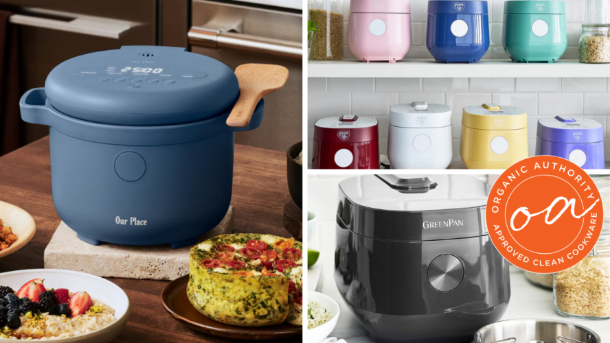Collage of various different rice cookers made without PFAS, including ones from Our Place and GreenPan.