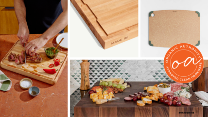 Image of a collage of plastic-free cutting boards, with an Organic Authority approved seal.