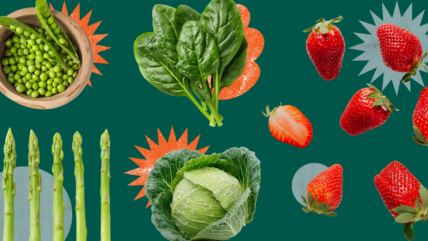 Image of various spring produce items set against a green background.