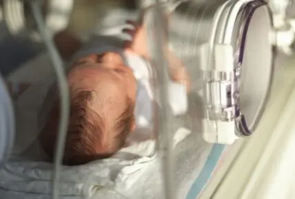 Image of a newborn baby in a NICU unit bassinet.