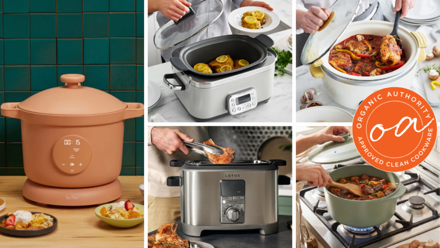 Collage of several slow cooker products, ranging from Our Place to GreenPan, plus the Organic Authority approved stamp.