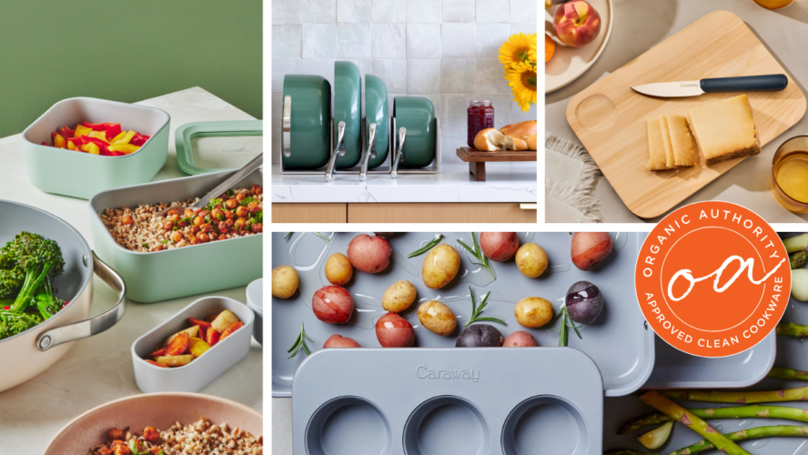 Image of a collage of Caraway Memorial Day nontoxic cookware and bakeware that's on sale