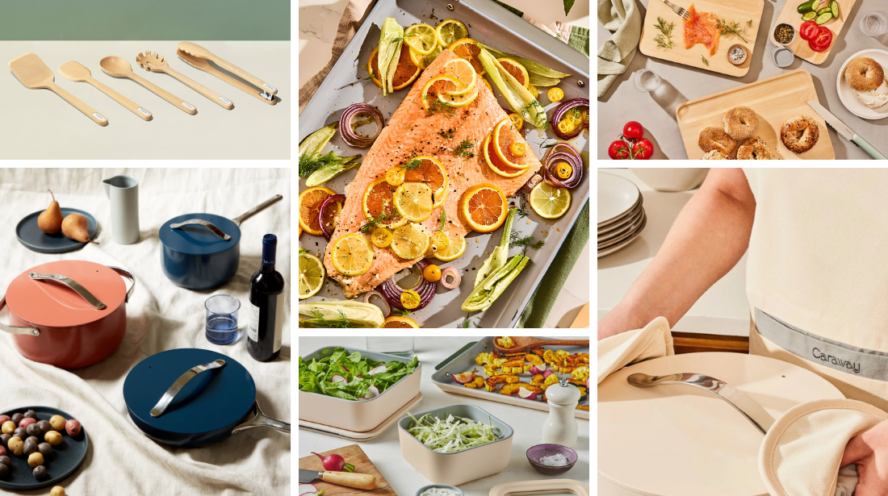 Collage of several different pieces included in the Caraway Summer Kitchen Starter Set.