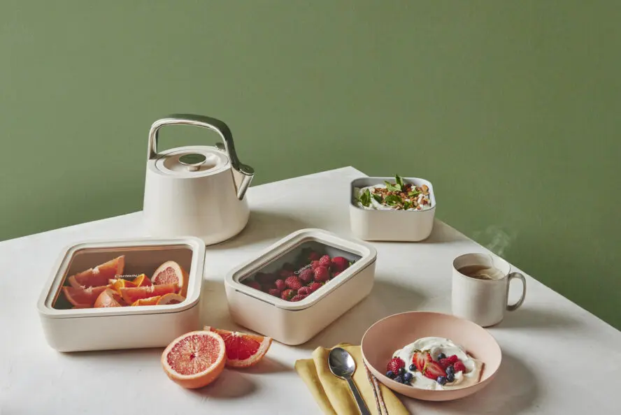 Image of various Caraway Home Food Storage pieces used to store fruits and yogurt for granola parfaits.