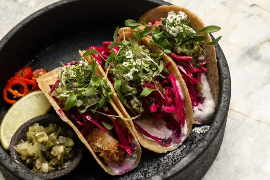 Image of a plate of three colorful vegan tacos from Mesa restaurant at HOY Hotel.