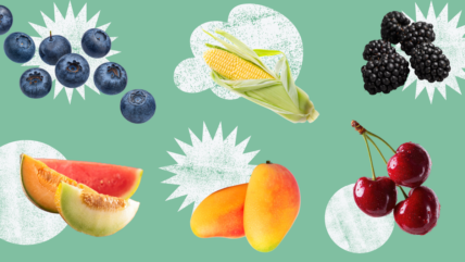A collaged image of six different summer produce items against punchy backgrounds including blueberries, mangoes, and corn.