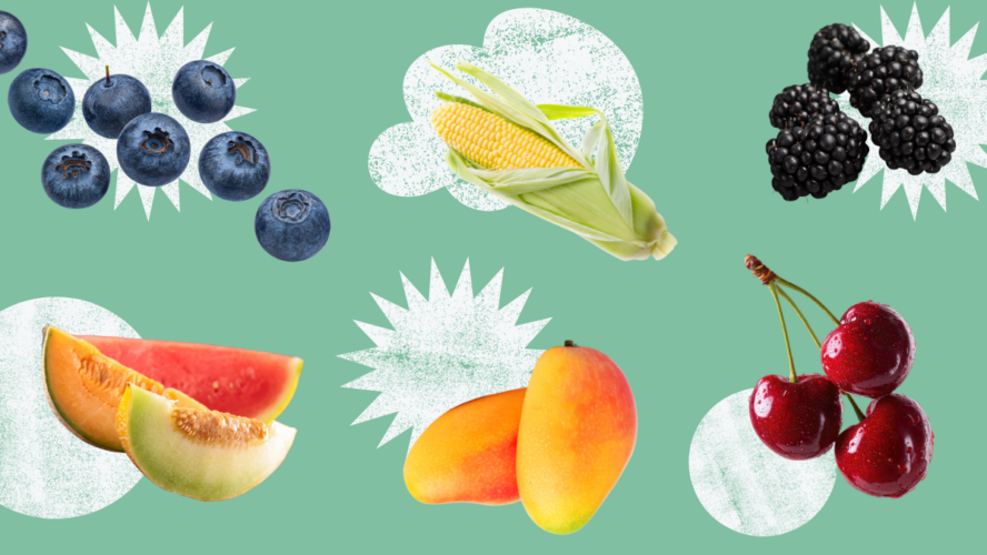 A collaged image of six different summer produce items against punchy backgrounds including blueberries, mangoes, and corn.