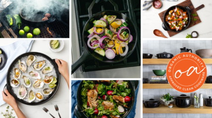 Collage of several images of Xtrema pure ceramic cookware pieces shown with different dishes.