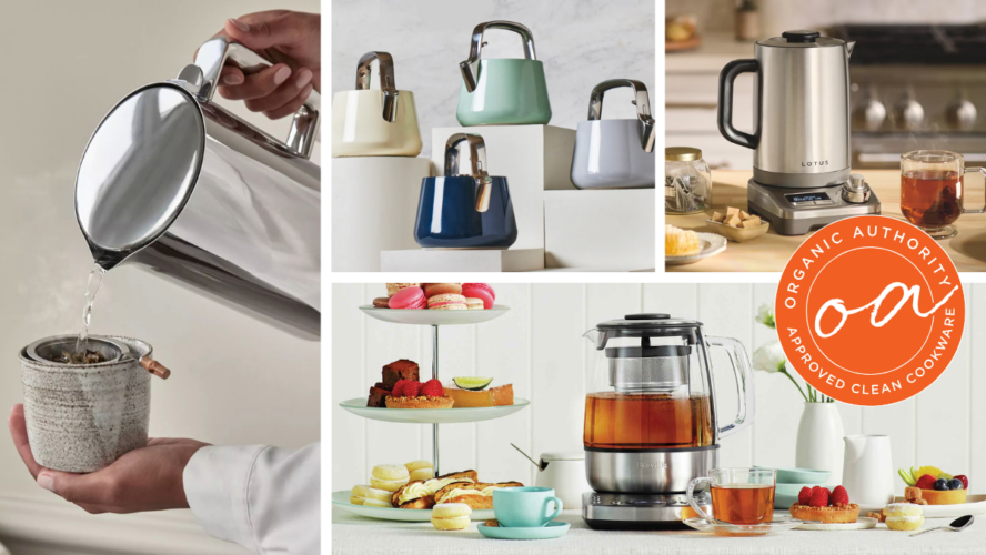 Collage of several images of the best tea kettles, including options from Caraway Home, Aarke, Breville, and more.