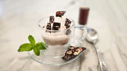 Image of vanilla bean gelato in a glass cup on a small dish, topped with chocolate hazelnut bark alongside a sprig of mint, a spoon, and a shot of espresso.