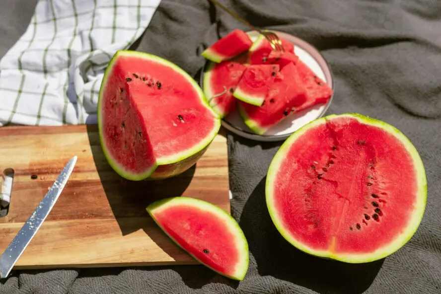 Image of a large watermelon, sliced into multiple sizeable pieces on a cutting board shown on a picnic blanket.