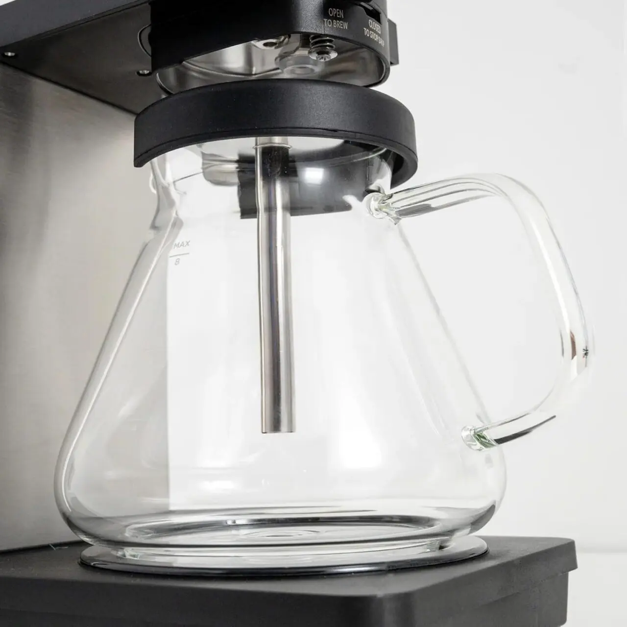 Close-up image of the glass carafe in the SimplyGoodCoffee The Brewer coffee maker.
