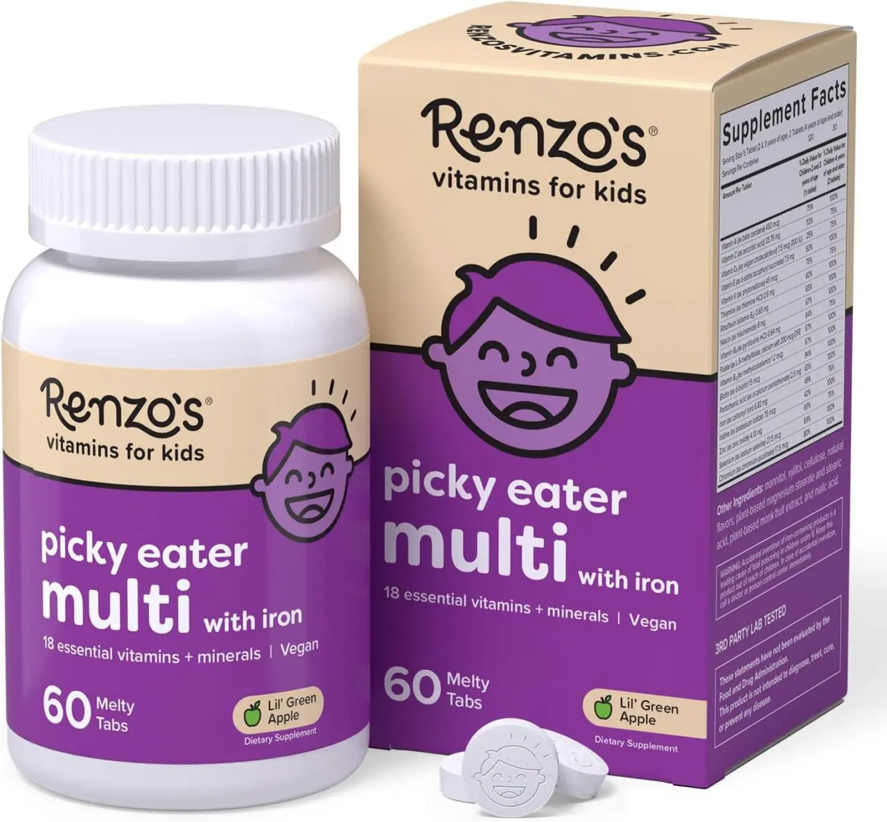 Image of a bottle and box of Renzo's Picky Eater Multivitamin.